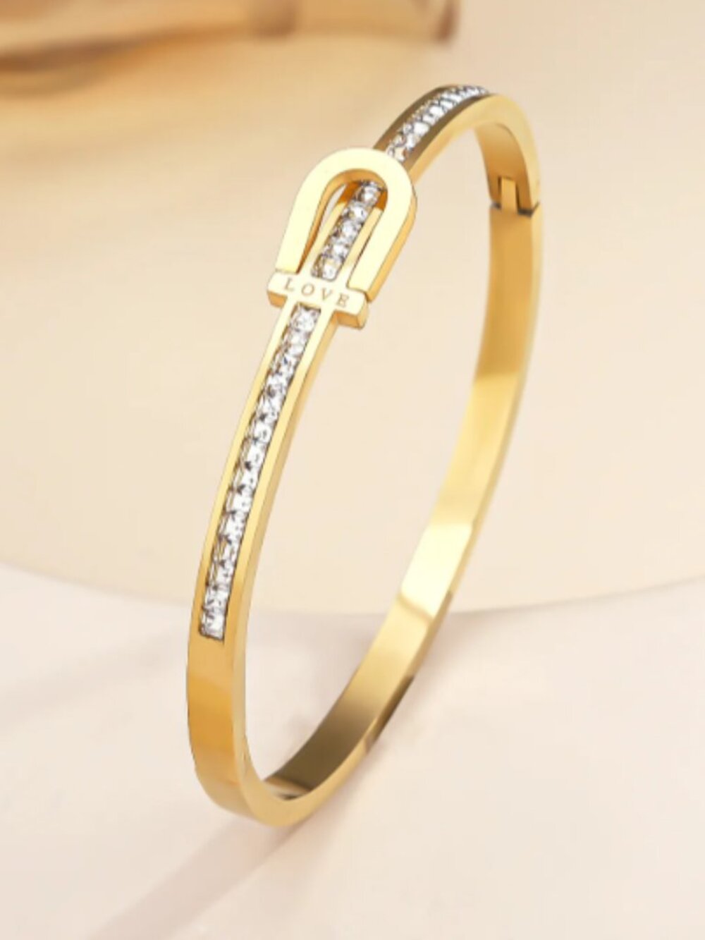 ✨ "LOVE" U-Shape Pavé Bangle - Gold Stainless Steel ✨